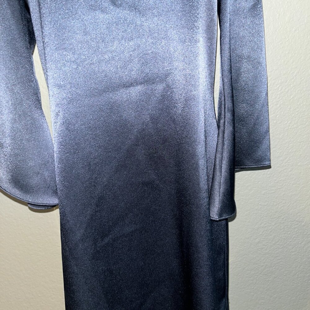 DIANE VON FURSTENBERG KORRY NAVY SATIN LOW BACK FLUTED SLEEVE SHIFT DRESS Size 6 - Picture 3 of 16